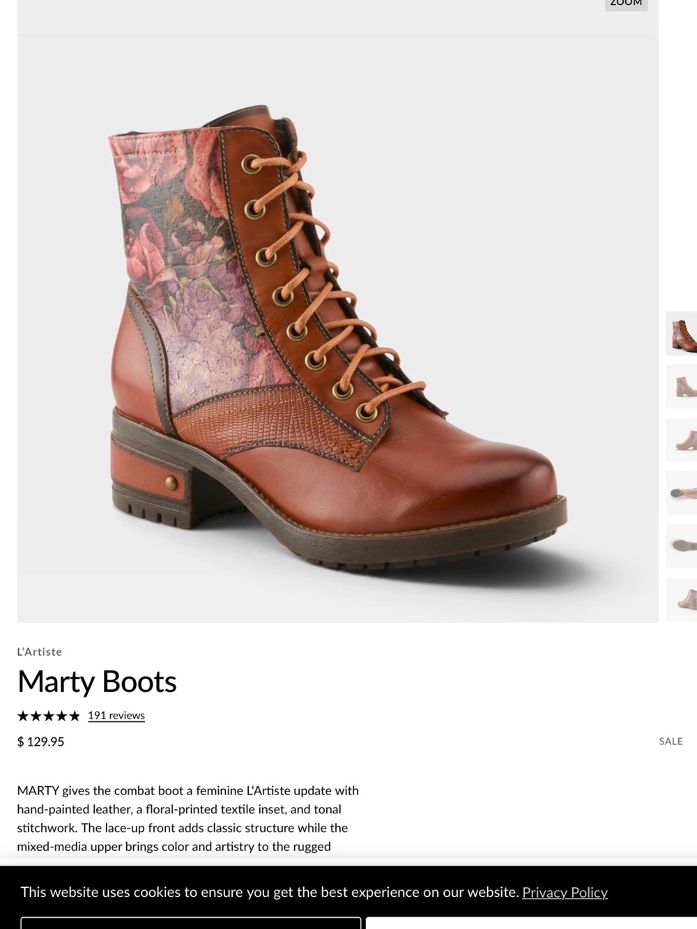 L'ATISTE Marty Floral Inset Camel Leather Lace-Up Combat Boots